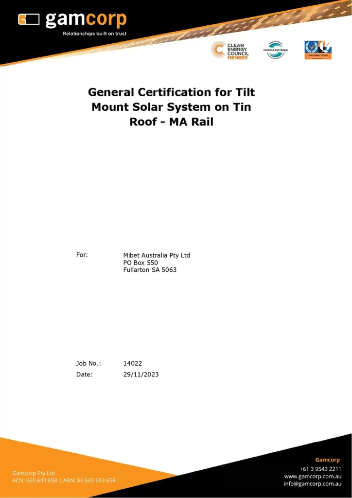 Gamcorp Certification: Tilt Roof MA Rail