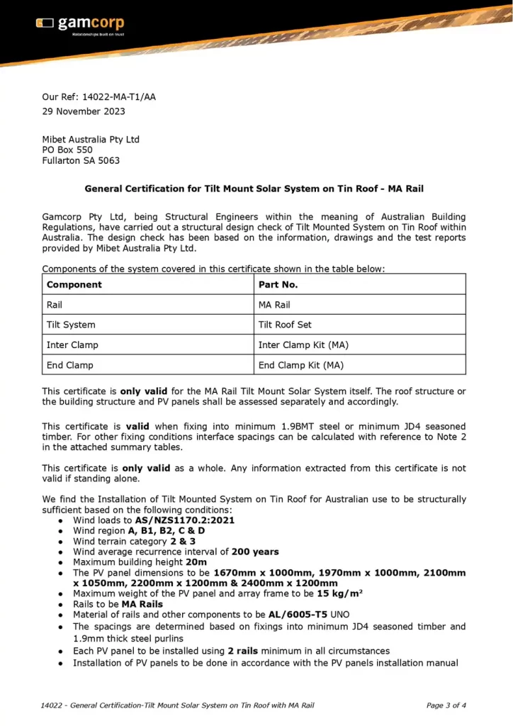 Gamcorp Certification: Tilt Roof MA Rail